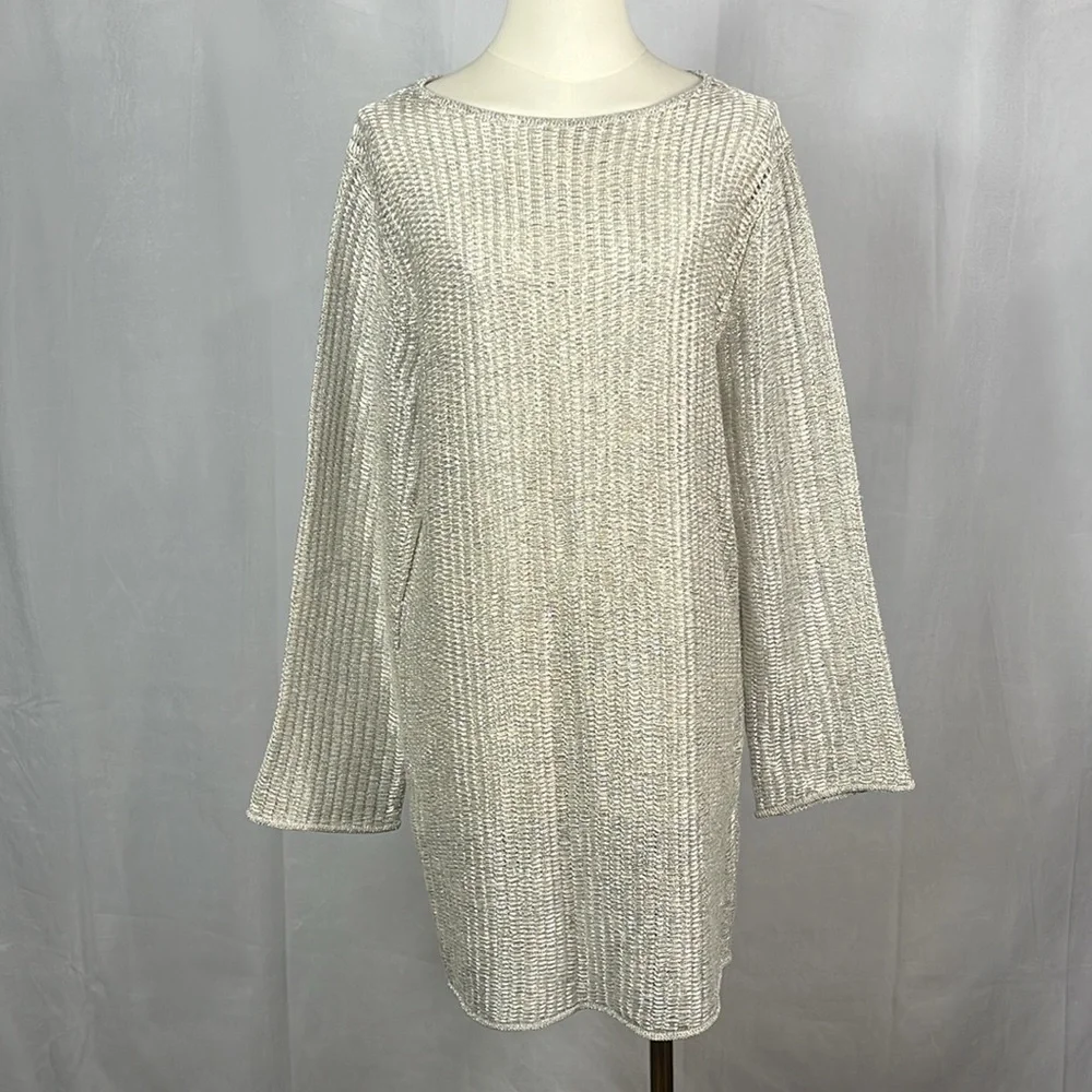 NWT J. Crew Collection Metallic Open Weave Long Sleeve Sweater Dress in‎ Silver.